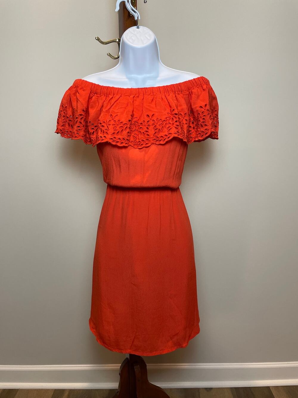 LOFT Orange Off‑The‑Shoulder Ruffle Eyelet Dress Size M